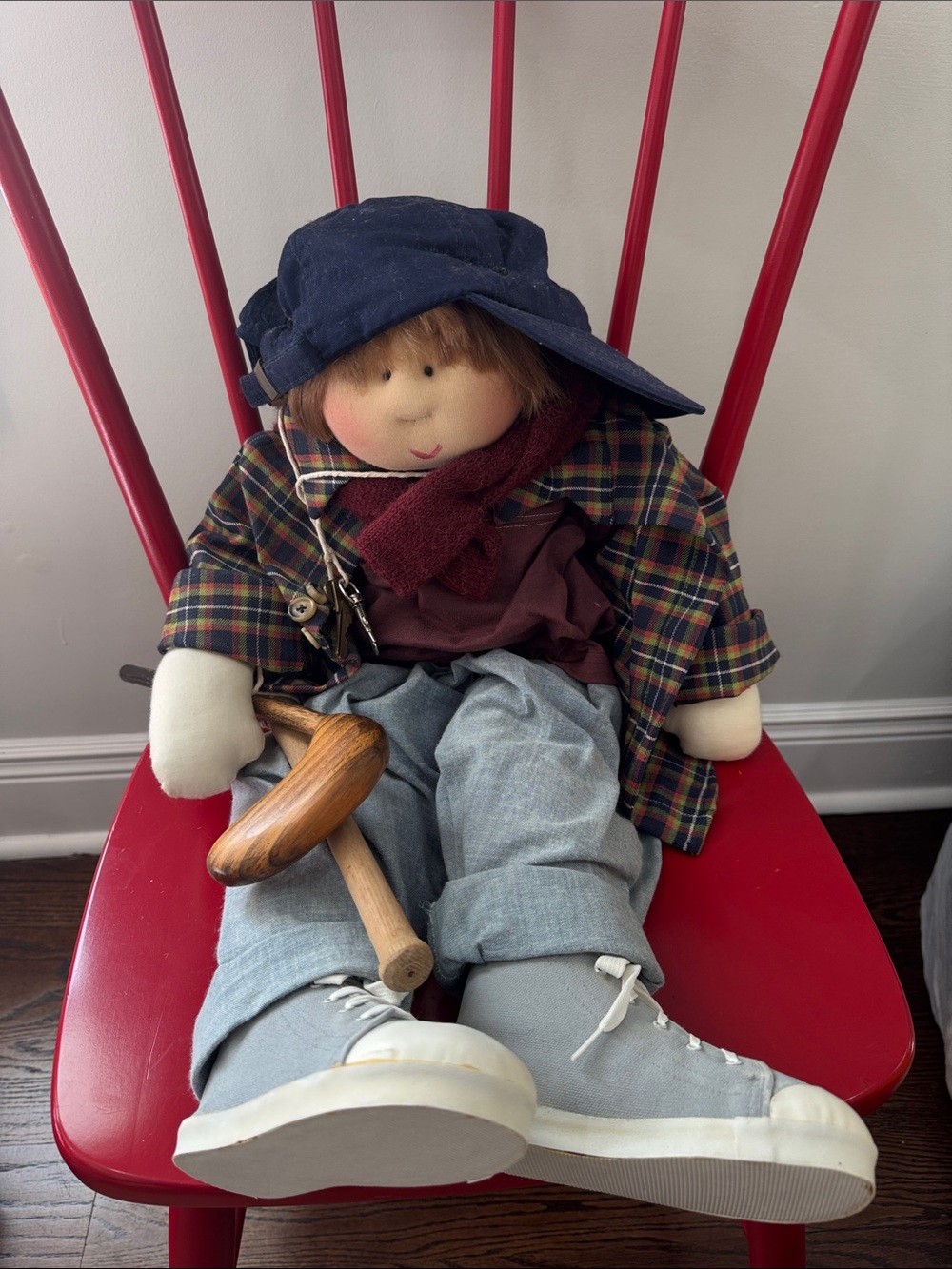 Classic Little Souls Plush Boy Doll in Navy Hat and Plaid Jacket